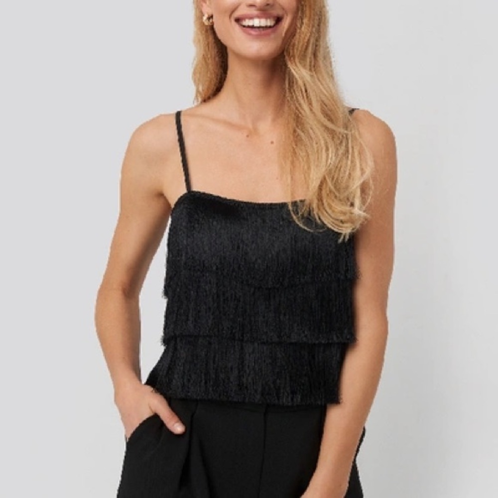 Mango Elegant Black Fringe Women's Top